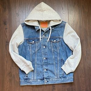 Levi denim jack with sweatshirt sleeves & hood